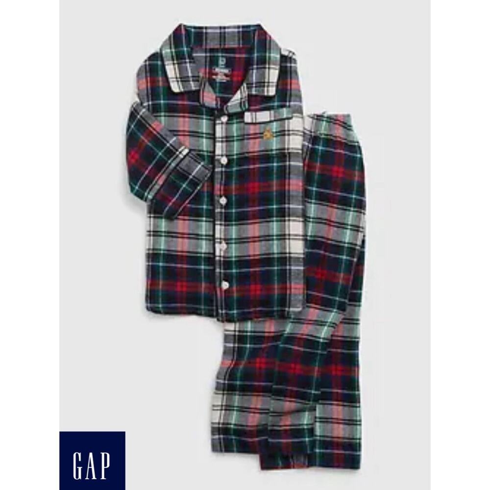 Baby Gap Flannel 2-piece Pajama Set Holiday Plaid Button Toddler PJs 3 Christmas